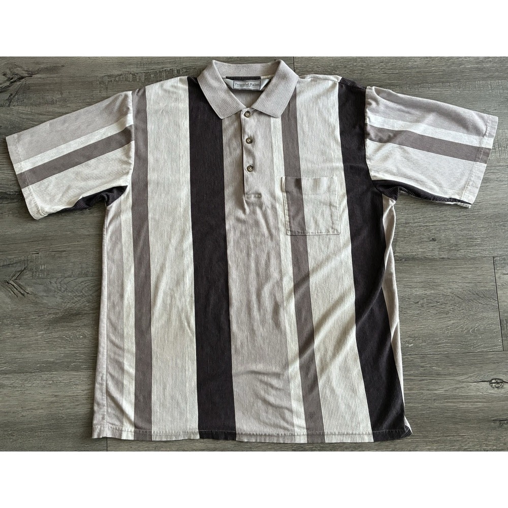 Vintage Tropical Palm Polo Shirt Mens Large Cream Tan Retro Vertical Stripes 90s